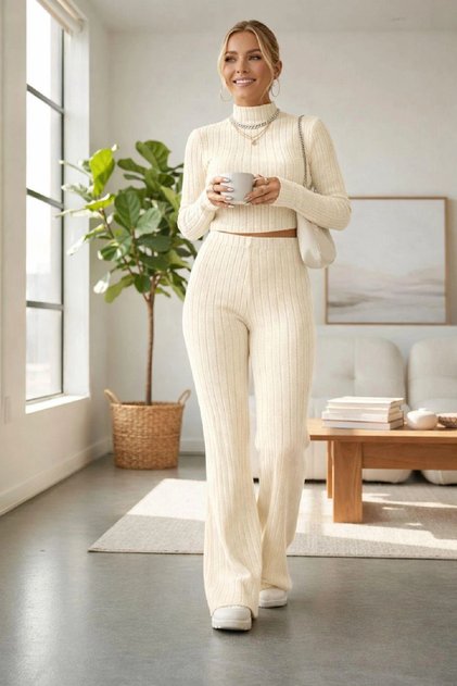 Women's Ecru Striped High Neck Crop Top and High Waist Sweatpants Set Sporty Stylish Combination