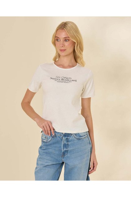 Women Ivory Graphic Ribbed T-Shirt