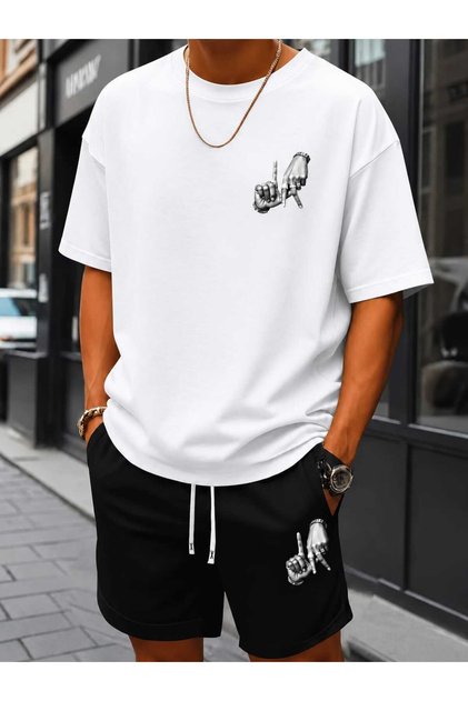 T-Shirt Shorts 2-Piece Combination Thin Summer Finger Printed Women's / Men's Unisex Printed