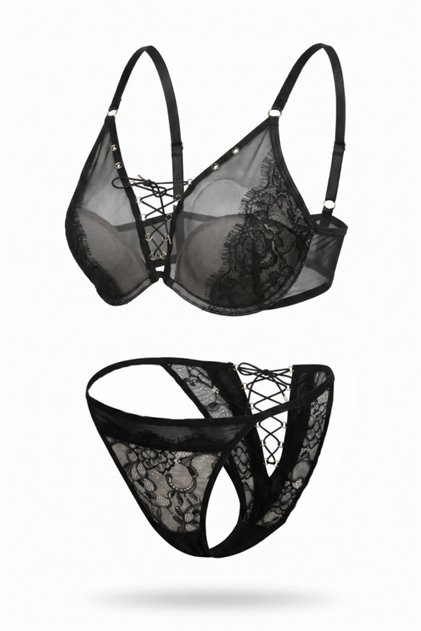 Vespera Lucien - Black, Lace and Lace-Embellished Bra and Panty Set