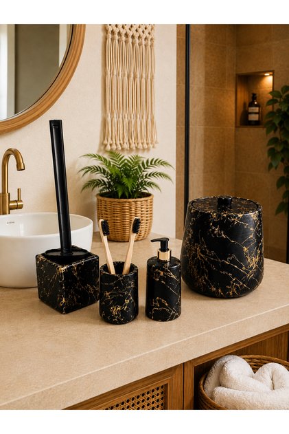 Decorative 4-Piece Bohemian Style Bathroom Set: Trash Can, Toilet Brush, Liquid Soap Dispenser, Toothbrush Holder Set