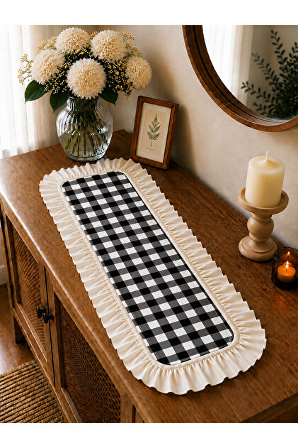 30X80 Linen Ruffled Gingham Runner Console Cover