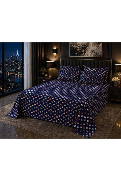 Queen Size 3PCS Blue Pattern Bedsheet Set 200x220 CM – 125 GSM Soft Lightweight Fabric, Elegan