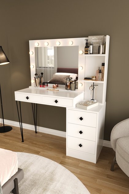 DF02121 LED Işıklı Aynalı Makyaj Masası Raflı Çekmeceli Beyaz Hollywood Model Makyaj Organizer