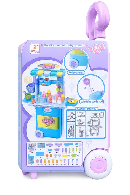 Kids 4-in-1 Dessert & Ice Cream Cart Toy, Pretend Play Suitcase Backpack by Brolman - Educational Kitchen Playset with 35 Accessories & Adjustable Handle for Ages 3+