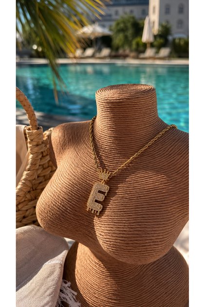 Letter E Stone Embellished Crown Detailed Gold Color Women's Necklace