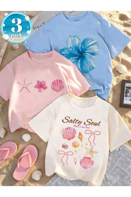 New Season 3-Piece Set Girls' T-Shirt, Multi-Color, 100% Cotton