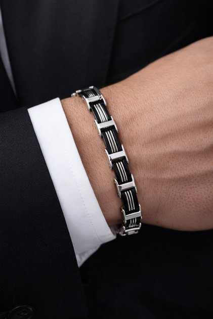 Double Black Stripe Detailed Men's Steel Bracelet