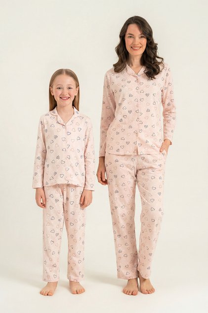 Mother Daughter Hearts Pink Shirt Pajama Set Rp3903-A-V1