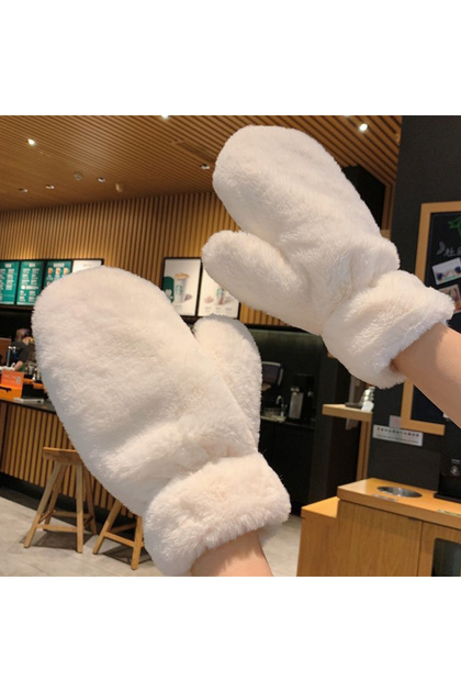White Winter Thicken Plush Soft Full Finger Gloves Women WarmFur Fuzzy Mittens Cold Protection Velve