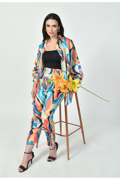 Multicolor Wave Print Luxury Modest Co-Ord Set Japanese Satin Western Wear