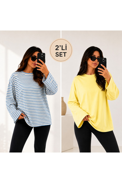 Women's Set of 2 Oversize Basic Long Sleeve T-Shirts Striped Yellow Loose Comfortable Fit