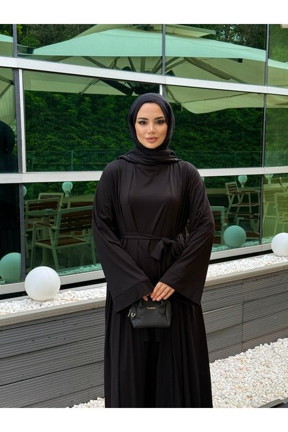 neva 3 lü pantolonlu abaya takımı pantolon sıfır kol elbise ve abaya