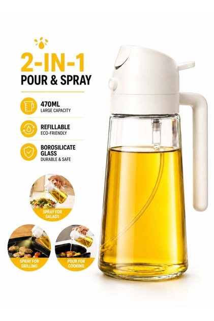 Glass Oil Dispenser Bottle | 470ml Pourer And Sprayer | Refillable Cooking Oil Bottle For Air Fryer Salad BBQ Baking Kitchen Use
