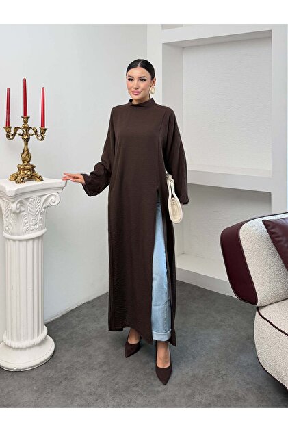 high slit tunic dress Hatun Atila Women's Oversize Collar Side Wrinkled Textured Long 9111 - Brown breathable premium viscose jersey