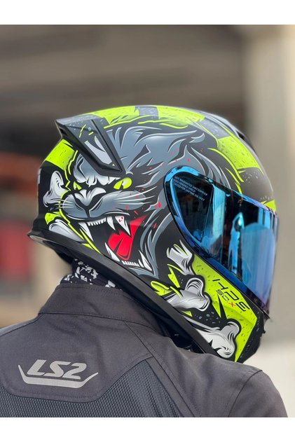 50.X WILD MAT SİYAH-NEON SARI KASK (MAVİ VİZÖR)