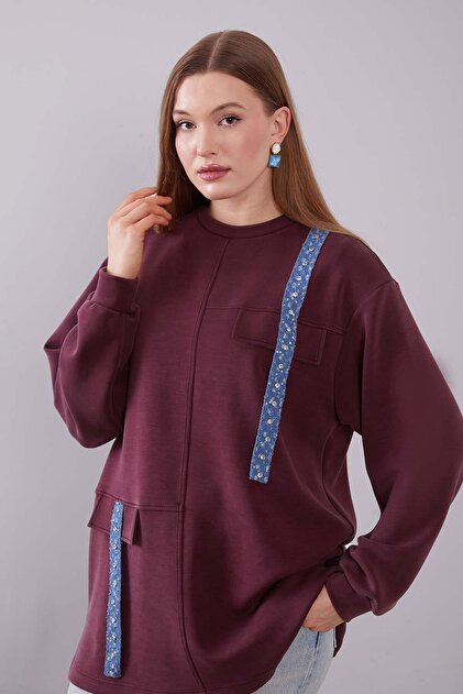 Bordo Kot Şerit Detaylı Sweat