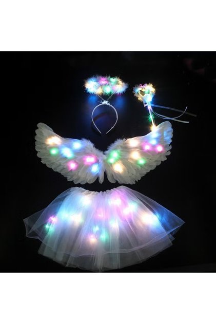 (eb210-s)Kids LED Light Up Angel Wings Costume Set, 4Pcs Feather Angel Wing, Tutu Skirt, Headband and Wand, Girls Fairy Dress Up for Birthday Halloween Party