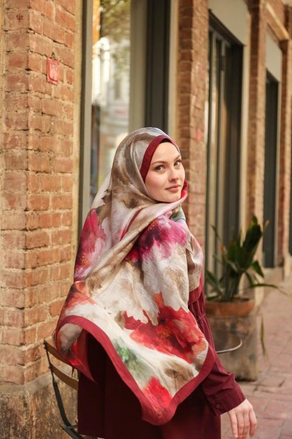 Allure Abstract Floral Pattern Tencel Shawl - Burgundy Multicolor