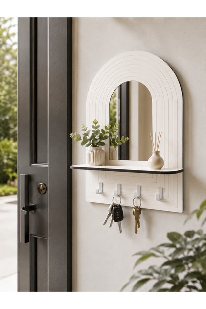 Hayalevim Ahşap Aynalı Anahtarlık Askılığı 20x26 cm Raflı Duvar Anahtarlık Organizer Beyaz MDF Anahtarlık Askılığı, Duvar Rafı