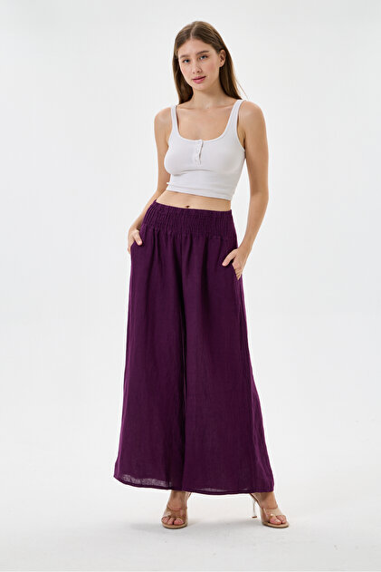 Women's Purple Italian 100% Linen Elastic Waist Wide Leg Palazzo Trousers Size 38 - 42