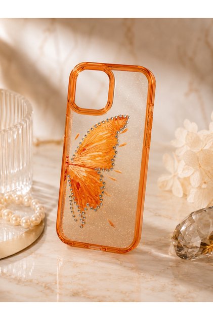 iPhone 15 (6.1 Inch) Compatible Silvery Transparent Butterfly Patterned Color Gradient Processing Stone Detailed Metal Camera Protected Hard Silicone Butterfly Case