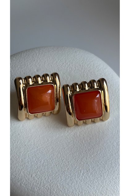 Gold Color Orange Square Earrings (3 cm)
