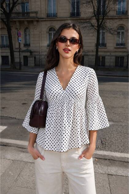 Double-Breasted Collar White Small Polka Dot Peplum Blouse