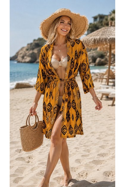Trendy Ethnic Pattern Woven Viscose Belted Kimono