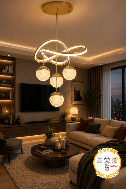 Valyria Gold Kaplama Çift Yönlü 3 Renk Modern Özel Tasarım Sarkıt Ledli Salon Avizesi