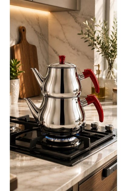 Paslanmaz Çelik Çaydanlık Takımı 1,40 + 2,10 Lt Süzgeçli Aile Boyu Demlik