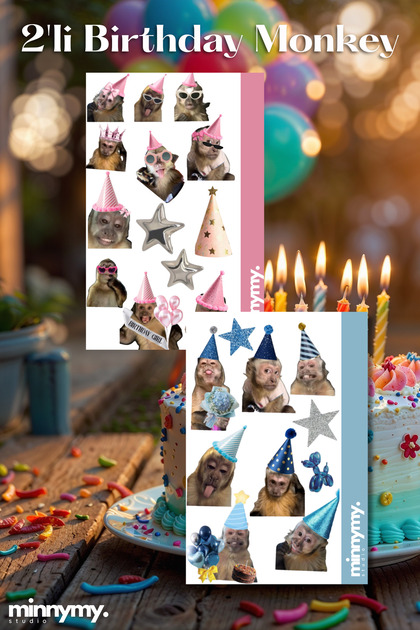 2'li Birthday Monkey Collection Sticker, Çıkartma, Ajanda, Günlük, Planlayıcı, Bullet Journal , Scrapbook