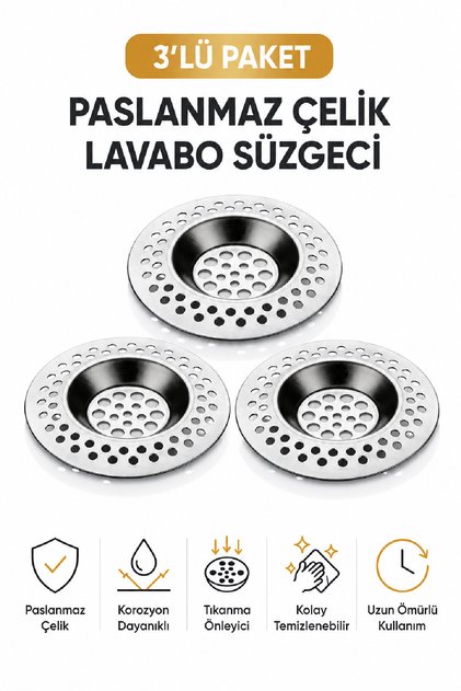 Paslanmaz Çelik Lavabo Süzgeci 7 cm – Evye ve Gider İçin Tıkanma Önleyici Metal Filtre 3 Adet