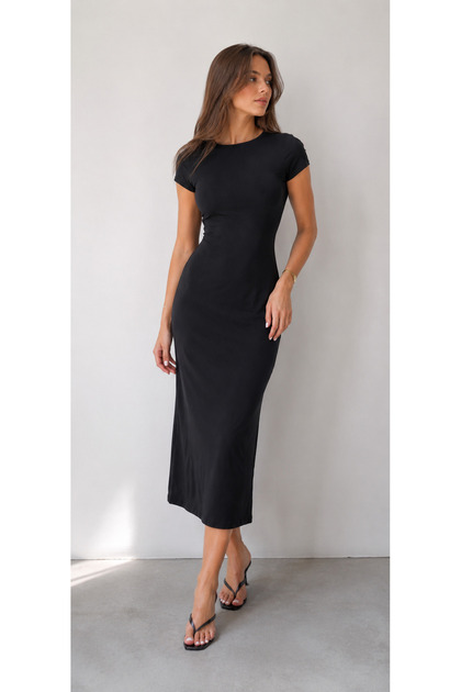 Crew Neck Short Sleeve Black Midi Dress