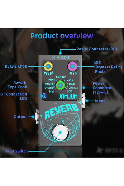 black JAMJUM Reverb Guitar Effect Pedal 9 Reverb Modes Hall/Plate/Echo/Chorus/LoFi Bluetooth Mini Tr
