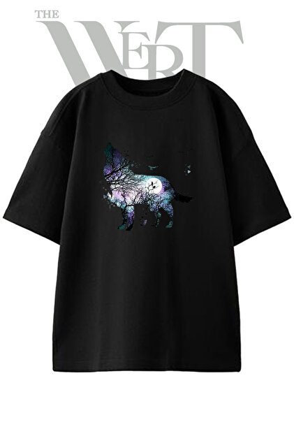 Wolf Night Sky Design Printed Unisex Black Oversize T-Shirt