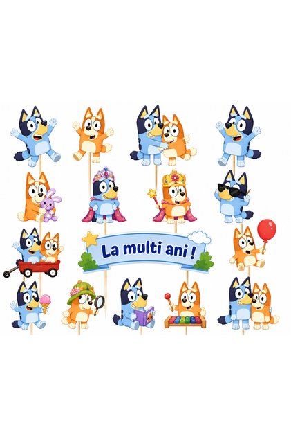 Set decorațiuni pentru tort, tematică BLUEY, 16 piese, carton, bețe din lemn incluse