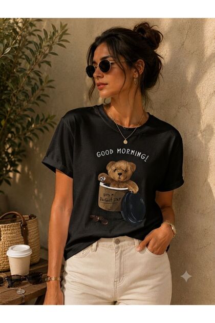 تي شيرت نسائي أساسي مطبوع رقميًا عليه عبارة Good Morning Teddy Bear