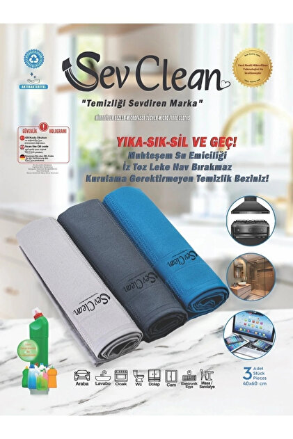 Sev Clean Mikrofiber Temizlik Bezi 3'lü Set 40x60 cm Çok Amaçlı