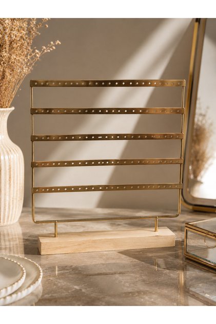 5 Row Earring Stand / Gold Metal Wooden Base Earring Jewelry Display Stand / 120 Holes Desktop Earring Organizer and Earring Stand