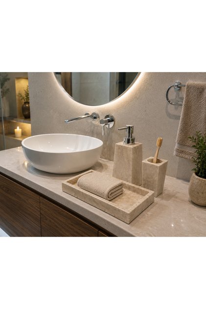 Doğal Traverten Kapadokya Serisi Banyo Seti 3 Parça - Krom Başlık