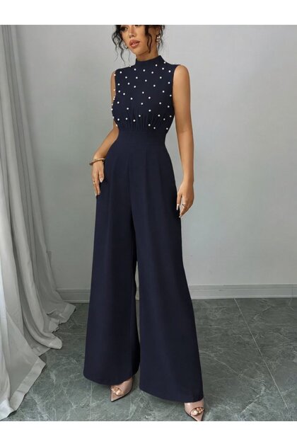 Women's Turtleneck Sleeveless Pearl Belted Waist Long Janjan Jumpsuit