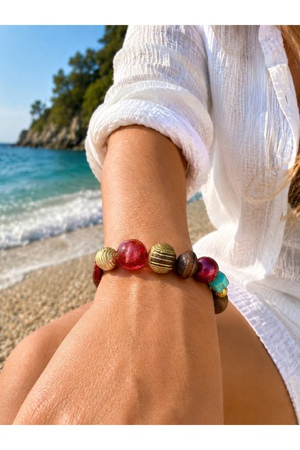 Burgundy Brown Turquoise Gold Beaded Flexible Design Bracelet