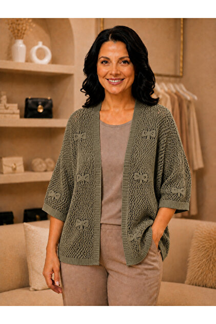 Women's Openwork Knitted Patterned Long Sleeve Knitwear Cardigan (Size 68 Width 56)