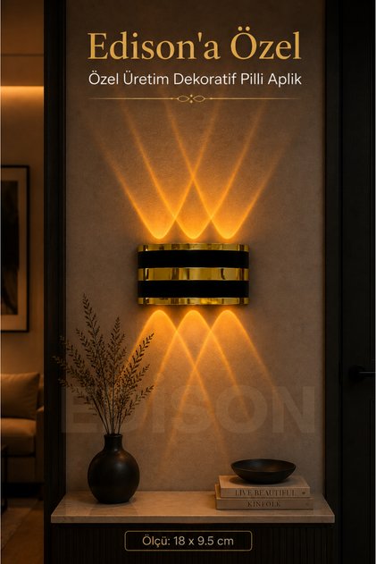 Pilli LED Duvar Apliği Gold Detaylı Kablosuz Amber Işık Çift Yönlü Dekoratif Aplik Modern Duvar Lambası 9V Pilli Salon Koridor Yatak Odası Merdiven Villa Duvar Aydınlatma Pilli Amber LED