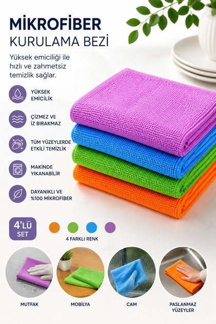 Microfiber Drying Cloth Set of 4, 40X60 cm Multi-Purpose Cleaning Cloth Glass Kitchen Bathroom Cloth