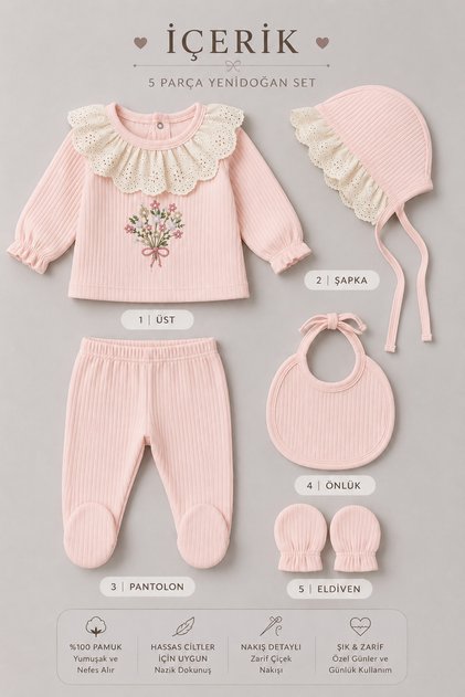 Newborn Baby Girl Floral Embroidered Ribbed Fabric 5-Piece Hospital Discharge Set – 100% Cotton