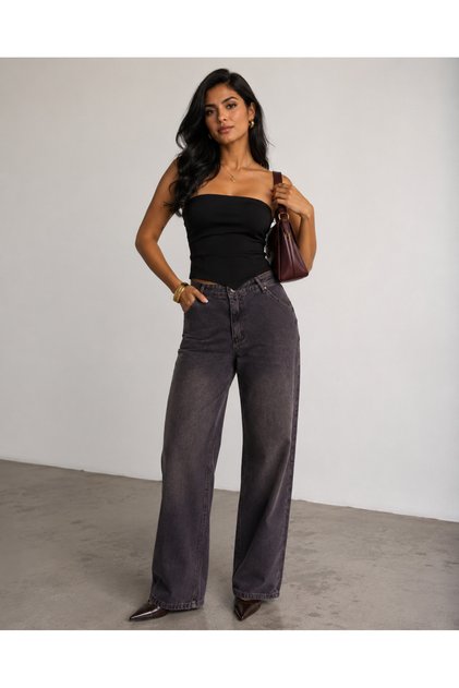 Brown Palazzo Jean with Side Pockets, Wide Leg, Loose Fit Denim Pants