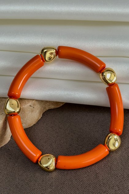 Orange Women's Bracelet Bamboo Model Pipe Cut Acrylic Resin Crushed Gold Metal Detailed