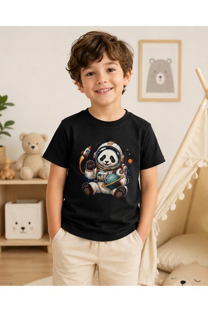 Kids' Astronaut Panda Printed Space and Planet Themed Crew Neck Short Sleeve T-Shirt